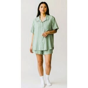 Auden Women's Sleepwear Pajama Top Green White Stripes Short Sleeves Size XL